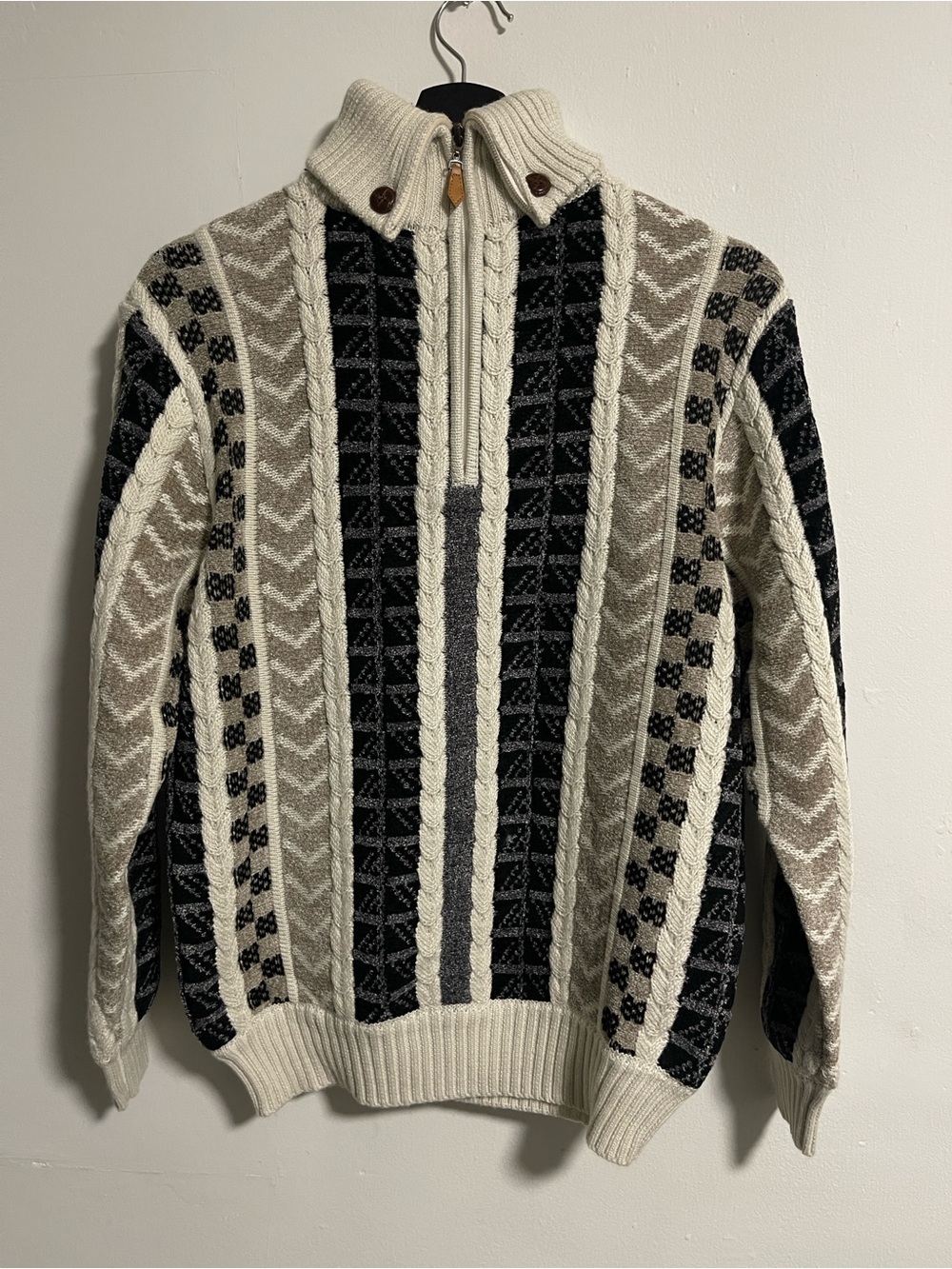 Coogi Japanese Cable-Knit Zip Mock Neck Sweater - Cream & Black